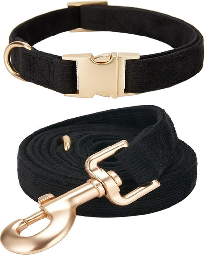 Soft Corduroy Dog Collar and Leash Set Adjustable Durable Dog Collars with Metal Buckle and Lead for Medium Dogs,Black