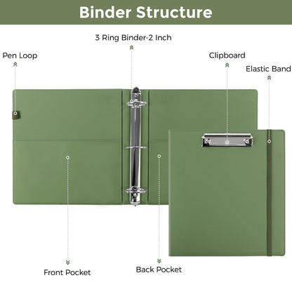 SKYDUE 3 Ring Binder with Clipboard, 2 Inch Binder, PU Clipboard Binder with Notepad & 5 Dividers with 5 Pockets, Labels, Clipboard Folder Great for School Office(Fit Letter Sized Paper)