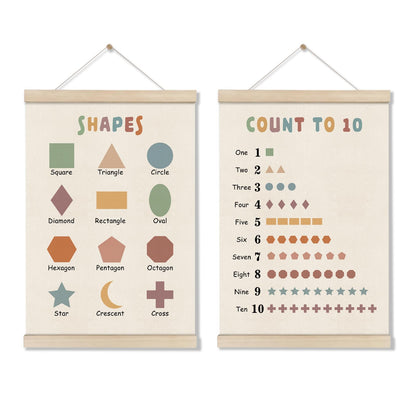DOI-LANEE Shapes Numbers Posters Hanger Frame, Learning & Educational Posters for Toddler Kids 16x12 Inch, Boho Classroom Decor, Montessori Nursery Wall Art, Set of 2 Playroom Decoration