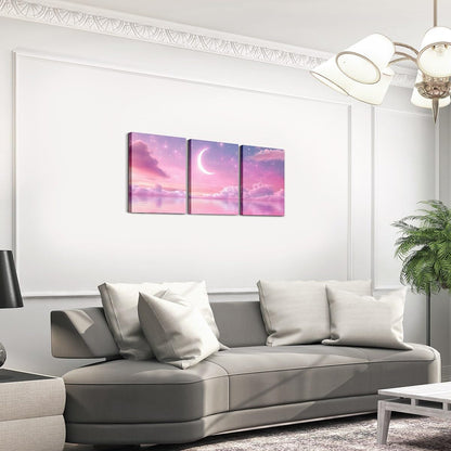 Feelyou Pink Galaxy 3 Piece Canvas Wall Art for Living Room Bedroom Starry Moon Wall Art for Home Decor Dreamy Nebula Office Decor Artwork Outer Space Picture Painting Posters