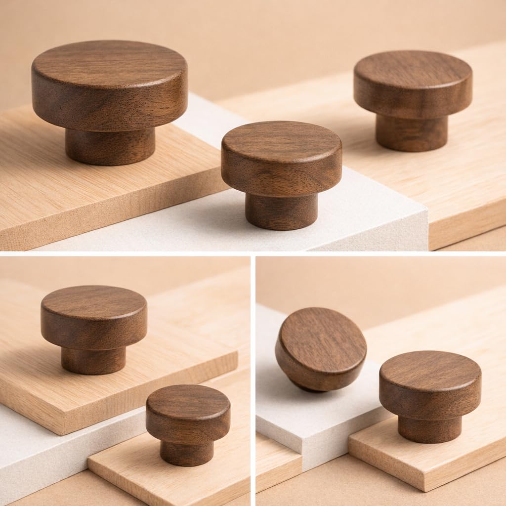 EasTeebw Mid Century Modern Walnut Mushroom Knobs for Cabinet,Drawer,Dresser and Closet Doors.Round Vintage Brown Wooden Crafts Furniture Knobs,Pulls and Handles (1.38‘’ Round Knobs, 6)