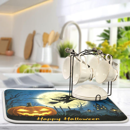 Halloween Night Witch Bat Dish Drying Mat,Pumpkin Latern Absorbent Dish Drying Mat for Kitchen, Extra Large, 16" x 18"