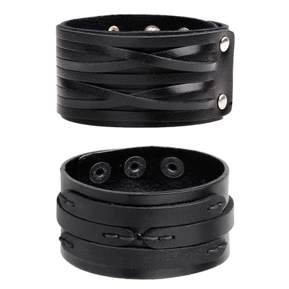 NIGHTCRUZ Punk Leather Cuff Bracelet, 2PCS Vintage Leather Wristband for Men Women