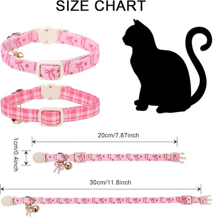 2 Pack Pink Cat Collars - Spring Summer Pink Bow Breakaway Cat Collar with Bell, Adjustable Cute Pink Plaid Kitten Collars for Girl Cats, 7-12 Inch