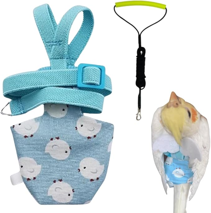 Adjustable Bird Diaper Harness Flight Suit Clothes with 80 Inch Flying Leash Rope for Parrots Conure Cockatiel (Blue,S)