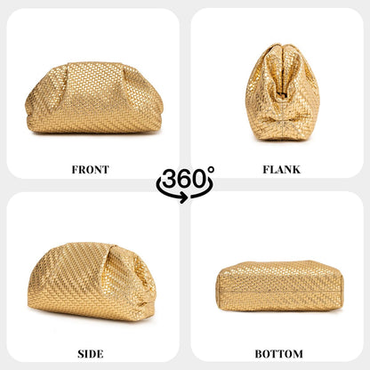 PHILOMENA Women's Woven Evening Bag Vegan Leather Clutch Purse Dumpling Ruched Bag Party Wedding Elegant Handbags (Gold Woven)