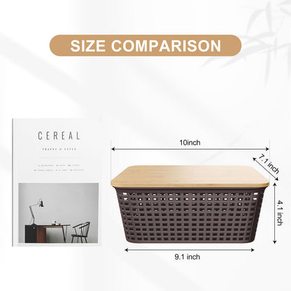 6Pcs Storage Bins with Lids, Stackable Plastic Storage Basket with Bamboo Lid, Pantry Organizer Box Small Containers for Organizing Shelves Drawer Desktop Closet Cabinet Office Classroom 10x7.1x4.1in