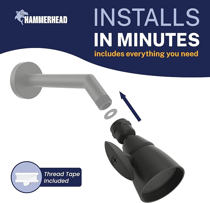 HammerHead Showers® Solid Metal 2 Inch High Pressure Shower Heads - MATTE BLACK – California Compliant 1.75 GPM Low Flow Rate - High Flow Shower Head with ADJUSTABLE SPRAY PATTERN - Fixed Shower Head