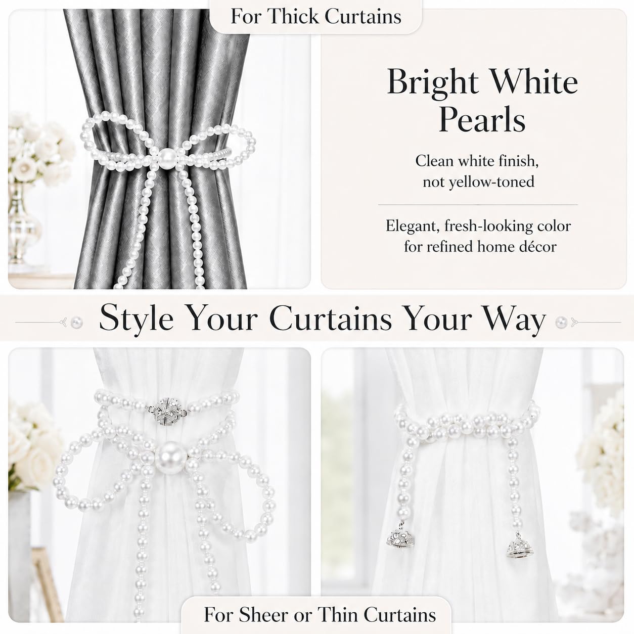 Pearl Bow Magnetic Curtain Tiebacks 2 Pack, No Drill Curtain Holdbacks with Strong Magnets, Decorative Pearl Curtain Holders for Living Room Bedroom Home Decor