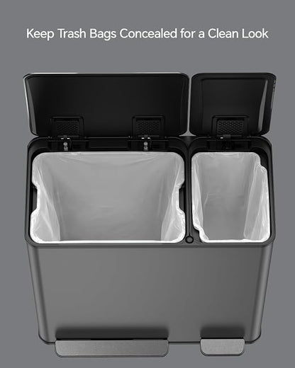 Lovewind Dual Trash and Recycling Bins for Kitchen, 13+6 Gallon Stainless Steel Garbage and Recycle Bin Combo for Large Families, Dual Trash Can with Soft Close Lid & Magnetic Stickers, Grey