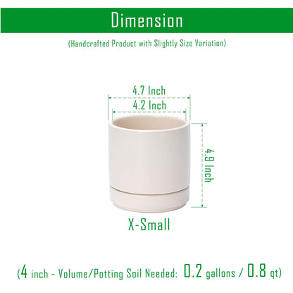 D'vine Dev Set of 2 Plants Pots, 4.7 Inch Ceramic Planter Pot for Plants with Drainage Hole and Saucer, Oatmeal, 94-V-B-8