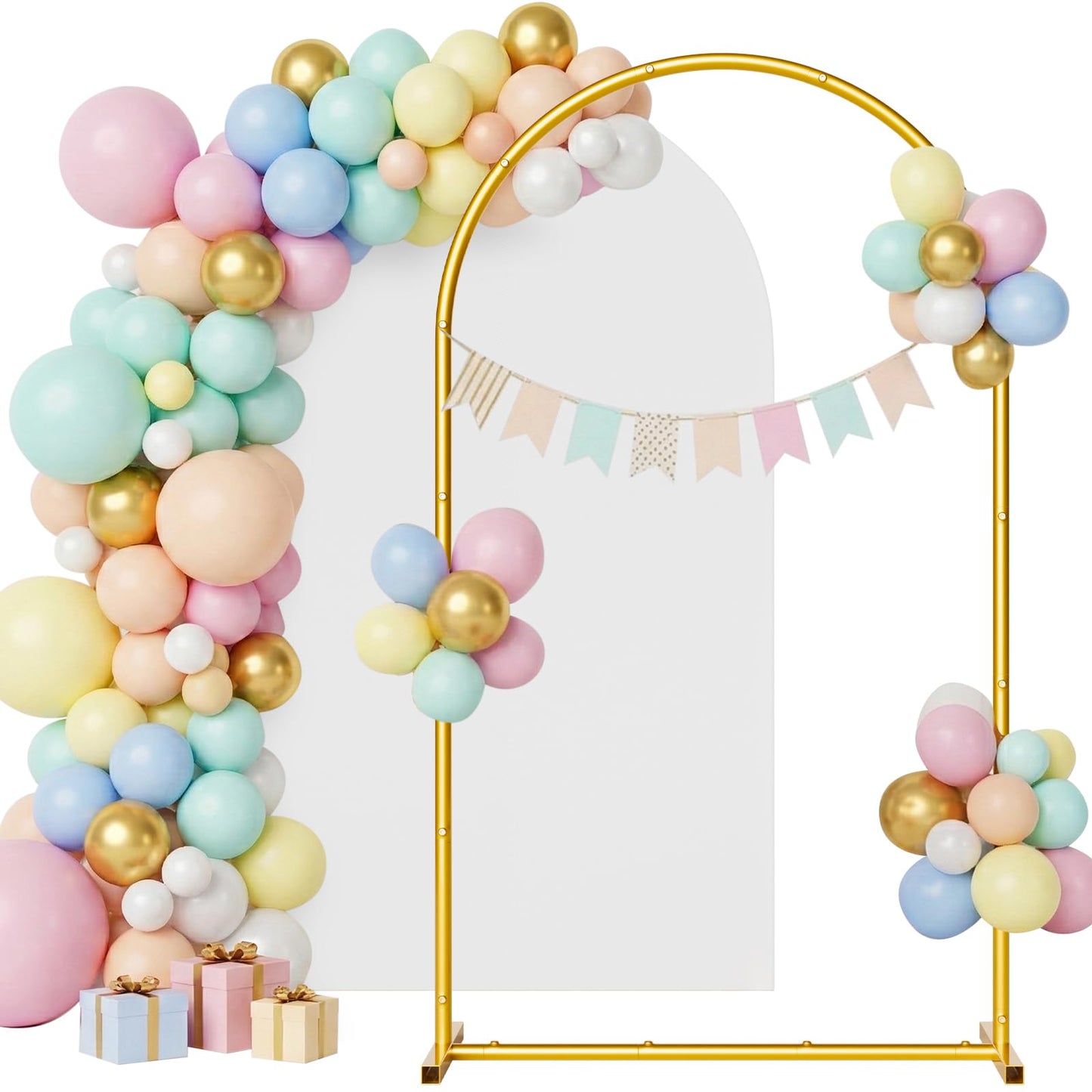 Arch Backdrop Stand and Cover Set, 7.2 x 4FT Gold Metal Wedding Arch for Ceremony, Heavy Duty Balloon Arch Stand with White Spandex Cover for Birthday Party, Baby Shower, Graduation, Event Decor