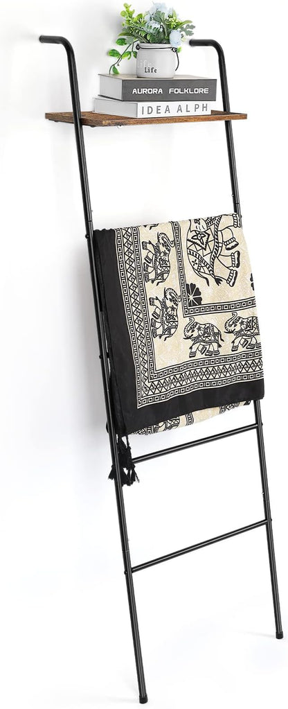 Vrisa Blanket Ladder Wall Leaning Blanket Rack Farmhouse 5-Tier Metal Blanket Holder with Shelf Bath Towel Storage for Bathroom Quilt Bedroom Living Room Pool Black