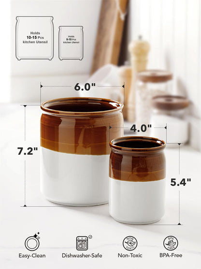 LE TAUCI Kitchen Utensil Holder for Countertop, Ceramic Utensil Crock Set of 2, Rustic Brown Holder for Spatulas, Spoons and Ladles, Large Farmhouse Kitchen Counter Decor, Brown and White, 7.2" & 5.4"