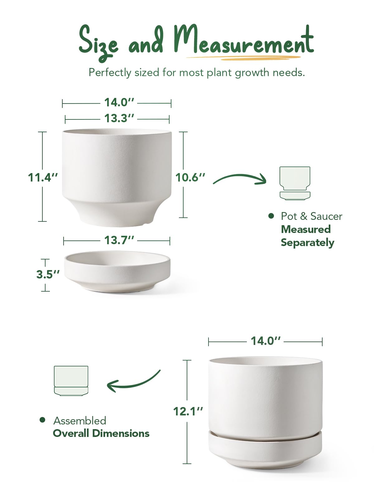 LE TAUCI 12 Inch Pots for Plants with Saucer | Ceramic Outdoor & Indoor Planter Pot for Plants | Drainage Hole, Mesh Pad | Unglazed Porous | Modern for Home, Office and Patio – Chalk White