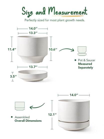LE TAUCI 12 Inch Pots for Plants with Saucer | Ceramic Outdoor & Indoor Planter Pot for Plants | Drainage Hole, Mesh Pad | Unglazed Porous | Modern for Home, Office and Patio – Chalk White