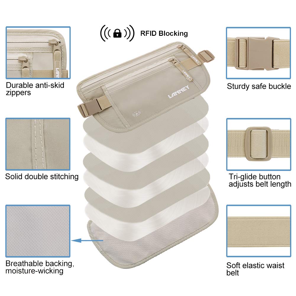 Travel Money Belt for Men Women RFID Blocking Concealed Waist Wallet Pouch Hidden Under Clothes Passport Holder Antitheft Waist Stash Bag for Travelling, Bonus 10 Credit Card Sleeves, Cream