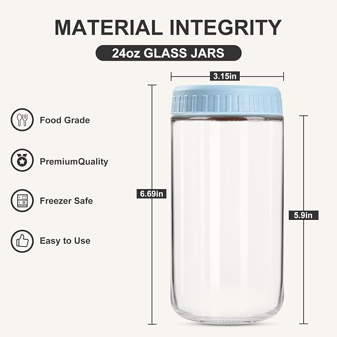 SHOWIN Overnight Oats Containers with Lids, 24oz Glass Jars with Lids 2 pcs, Light Blue, Wide Mouth Mason jars for Salad, Yogurt, Snacks, Meal Prep
