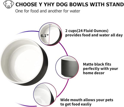 Y YHY Ceramic Pet Feeder, 24oz Dog & Cat Bowls with Wooden Stand, Modern Double Bowls Set - Dishwasher Safe