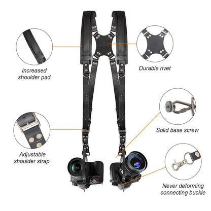 Kasla Camera Strap, Camera Straps for Photographers, Leather Dual Camera Strap for Two DSLR/SLR Cameras (Black)