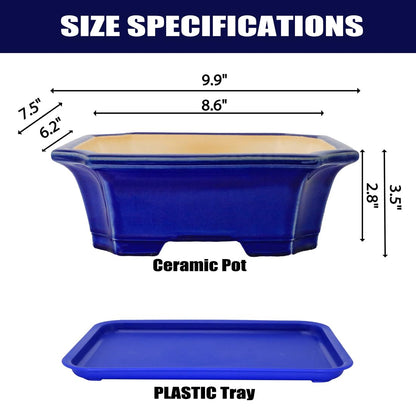 MUZHI Blue Bonsai Plant Pot 9.9” with Drip Saucer, Classic Glazed Ceramic Planter Container for Tree, Cactus, Succulent