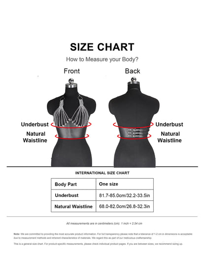 Women’s Punk Chain Harness Top, Adjustable Faux Leather Body Chain Crop with Alloy Hardware for Festival, Party, Rave & Stage Outfits (Fit Underbust 32.2-33.5in)