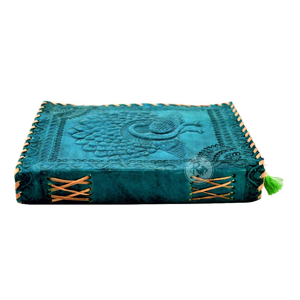 RAQI CRAFTS Premium Vintage Handmade Leather Journal Emboss Celtic Dancing Peacock. Notebook Sketchbook Spells Book Travel Diary Gift Man Woman 8x6in Turquoise