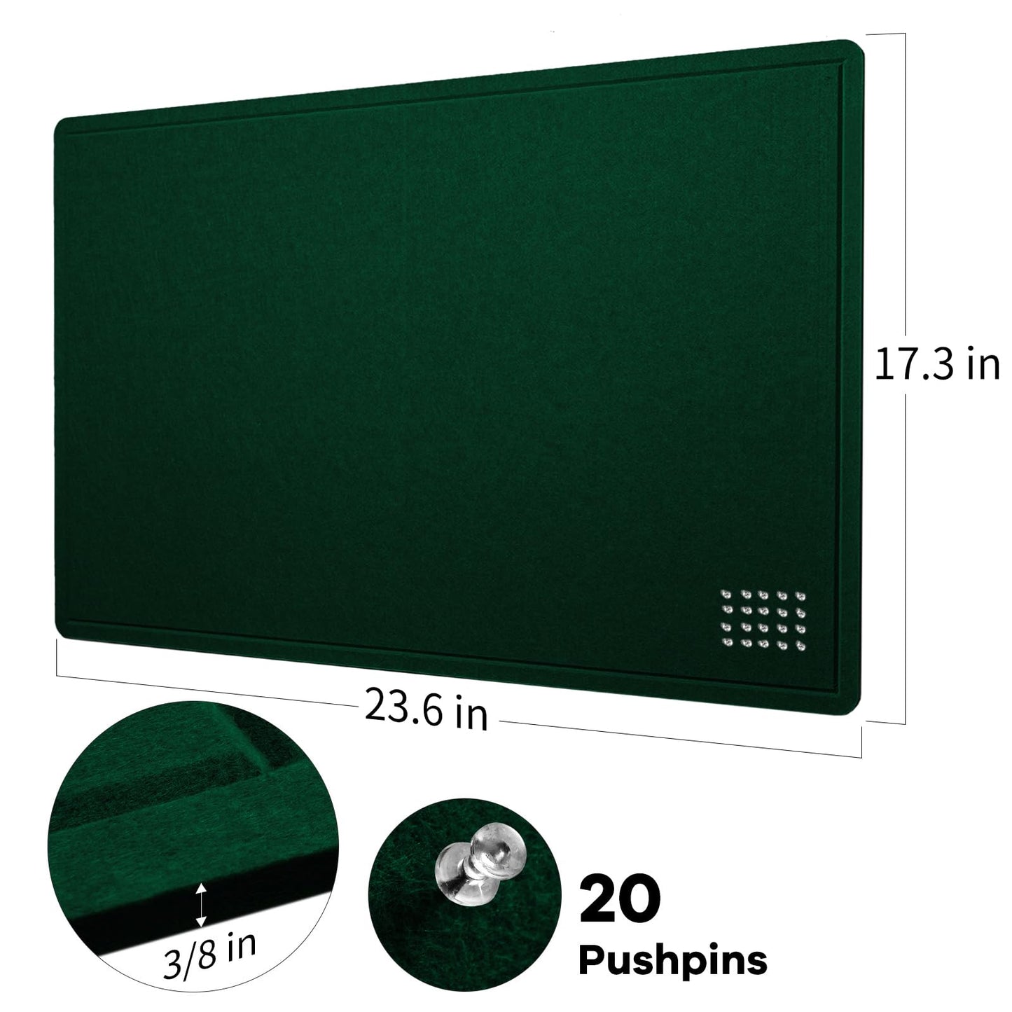 Bulletin Board, 24 x 18 inches Felt Board Decorative Pin Board, Cork Board Alternative for Wall, Foldable Photo Board Self-Adhesive Vision Board Mood Board with 20 Pushpins - Dark Green