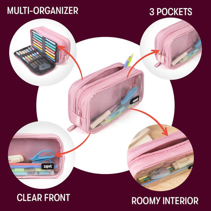 ZIPIT Half & Half Pencil Case for Girls, Aesthetic 3 Compartment Zipper Pouch for School, Stationery Bag for Teen and Adults, Pink