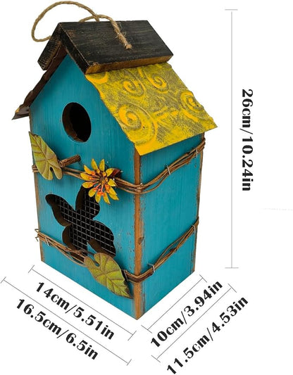 Wood Bird House for Outside, 10" H Hanging Bird House with Waterproof Metal Roof, Vintage Rustic Decorative Birdhouse Wooden Bird Nest Box for Outdoor Garden Yard Decorations (Blue)