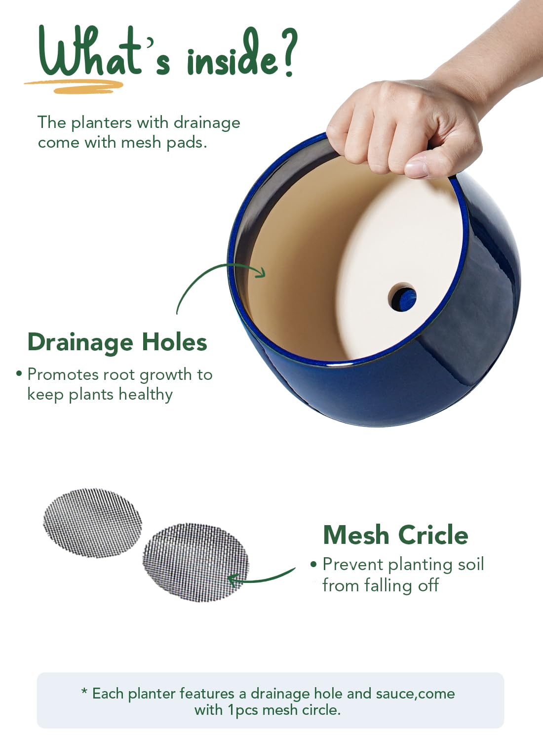 LE TAUCI Plant Pots, 4.1+5.1+6.5 inch, Set of 3, Ceramic Planters with Drainage Hole and Saucer, Indoor Flower Pot with Hole Mesh Pad, Gifts for Mom, Sapphire Blue