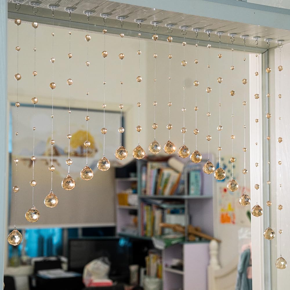 Hanbinsen 20 Strings Crystal Beaded Curtain, Arched Door String Curtain, Hanging Doorway Room Divider Suitable for Home, Coffee House, Bedroom, Restaurant. (Chamgagne)