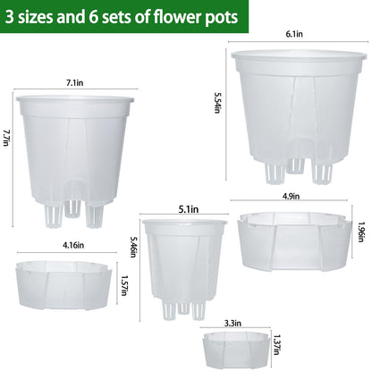 Cdd's Path 6-Pack Bare Root Planter Self Watering Pots Set with Holes for Indoor/Outdoor Plants, 2 Each of 5, 6 and 7 Inch Planter Pot with Watering Hole/Reservoir and Air Pipes, Clear