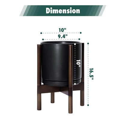 D'vine Dev Ceramic Planter with Walnut Color Stand - 10 Inch Modern Round Flower Pot with Wood Planter Holder, Black, 55-B-X-2