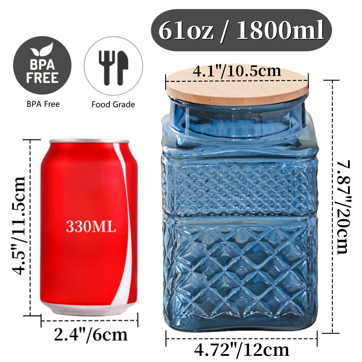 ANSQU Square Glass Canister, 61oz Candy Jar with Lid, Glass Food Storage Containers for Ground Coffee, Tea, Sugar, Decorative Mason Jar Cookie Jars (Blue)