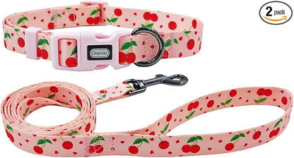 Dog Collar Leash Set, Fruit Pattern, Polyester Material, Adjustable Collar and 5ft Matching Leash, for Large Dogs.(L, Pink Cherry)