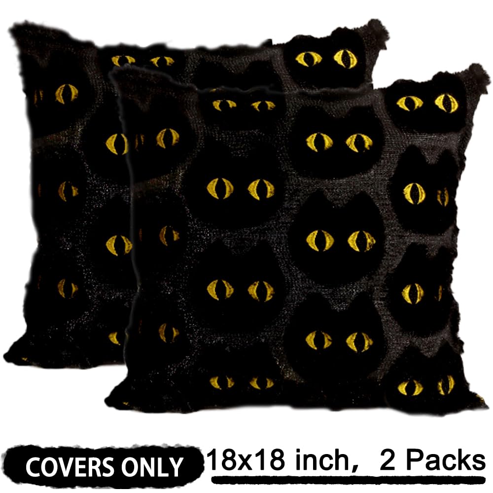 Heirloom Haven Halloween Cats Pillow Covers Set of 2,Black Cat Soft Plush Faux Fur Jacquard Couch Cushion Case Holiday Farmhouse for Sofa Home Decor 18 x 18 Inch