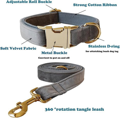 Love Dream Velvet Dog Collar and Leash Set, Soft & Comfy Adjustable Dog Leash and Collar with Heavy Duty Metal Buckle for Small Medium Large Dogs Training & Walking (Medium, Grey)