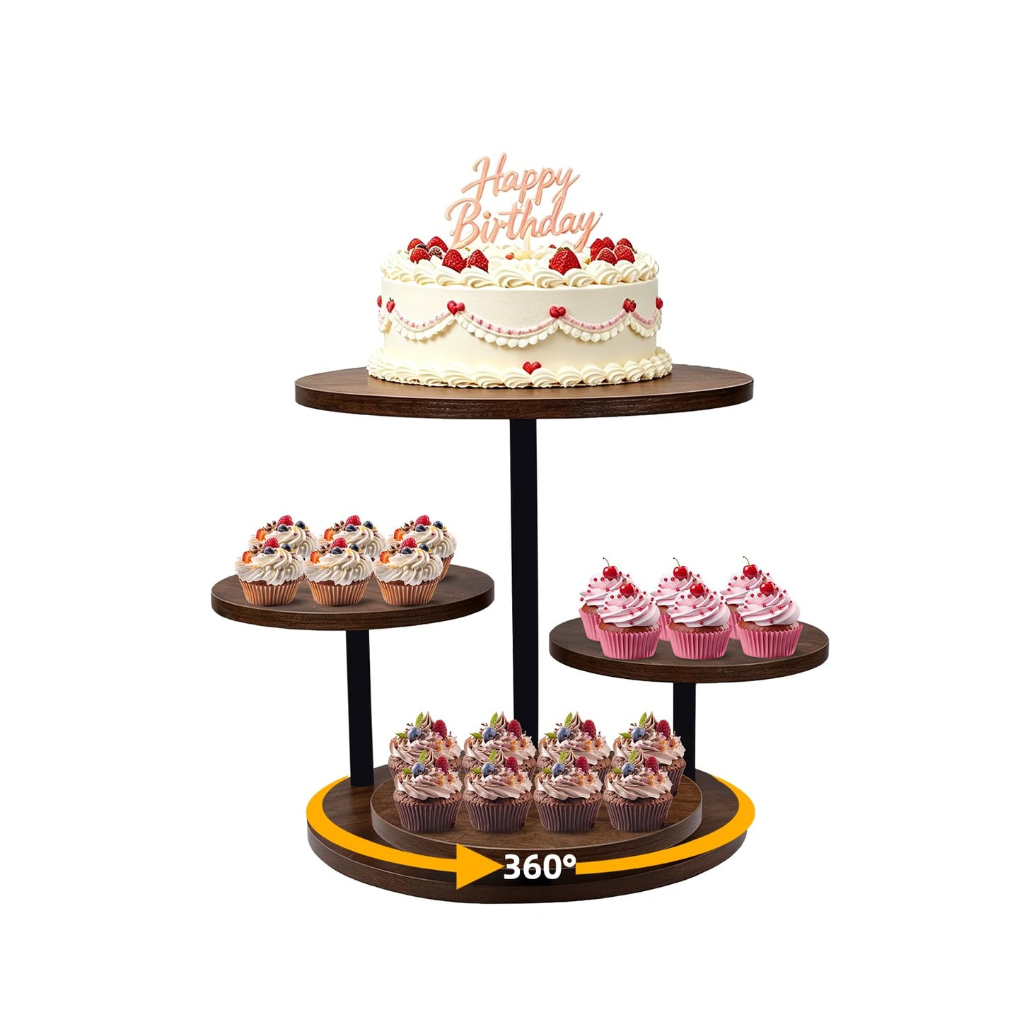 4 Tier Round Cupcake Tower Stand for 50 Cupcakes, 360° Rotating Wood Cake Stand with Tiered Trays, Farmhouse Cookie Stand for Dessert Table Display for Wedding Birthday Baby Shower Tea Party ﻿
