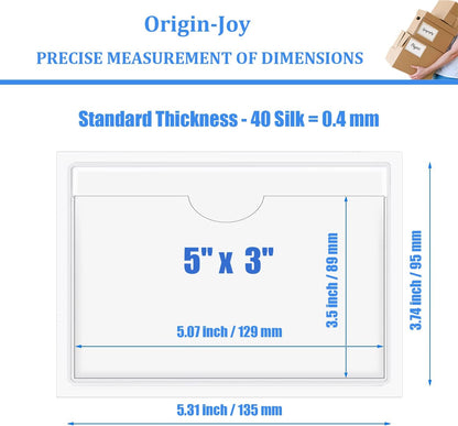 Origin-Joy 60 PCS Self Adhesive Index Card Pockets with Top Open, Clear Plastic Label Holder for Cards of Note, Library and Business, Adhesive Label Pockets & Card Holder (5 x 3 inch)