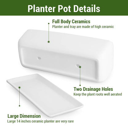 MyGift 14 Inch Ceramic Indoor Plant Pot with Drainage Hole, Rectangular Succulent Planter Window Box with Removable Saucer, Unglazed White
