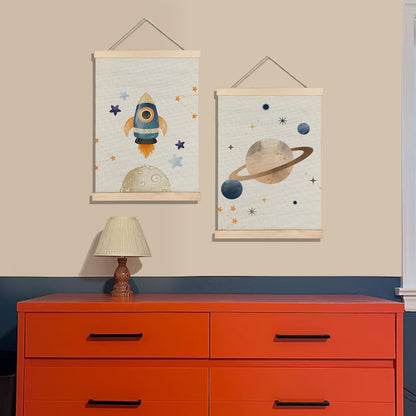 BearCake Space Nursery Decor, Solar System Rocket Wall Art Poster Hanger Frame, Space Canvas Prints Framed Wall Decor for Classroom Toddler Boys Room Nursery Playroom, 12x16 Inch Set of 2