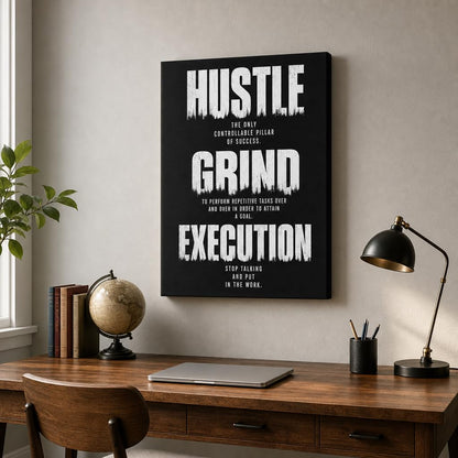 DINGFUN Inspirational Poster for Office Canvas Wall Art, Hustle Grind Execution Quote Print, Black Motivational Decor for Home Office Dorm Gym Classroom, Single Panel Wall Decor 24x18inch