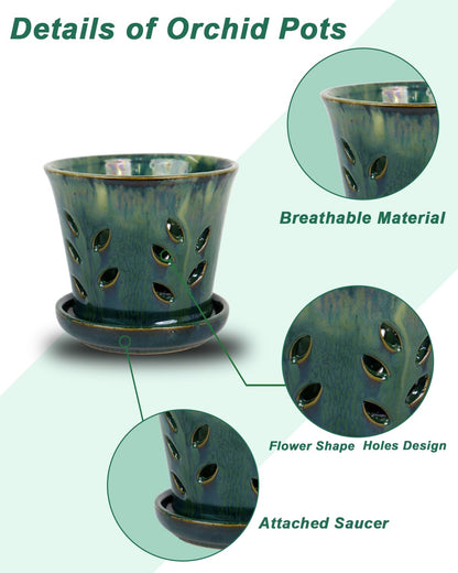 vensovo 5.5 Inch Ceramic Orchid Pot - Orchid Pot with Holes for Repotting, Ceramic Planter with Saucer for Indoor/Outdoor Plants, Green