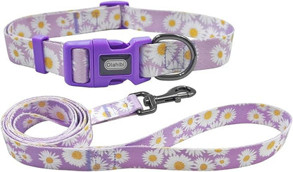 Dog Collar Leash Set, Floral Pattern, Polyester Material, Adjustable Collar and 5ft Matchcing Leash, for Large Dogs.(L, Light Purple Daisy)