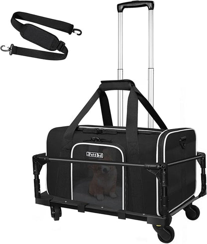 Petskd Small Pet Carrier with Wheels(18" L x 13" W x 9.5" H), Southwest Airlines Approved, Rolling Pet Carrier for Small Dogs & Cats (Black)