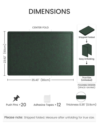 Fluxynara Bulletin Board,35.4" x 23.6" Cork Board Alternative with 12 Safe Removable Adhesive Tabs, Foldable Felt Pin Board for Home Office, Classroom, Bedroom,Entryway for Walls—Pine Green