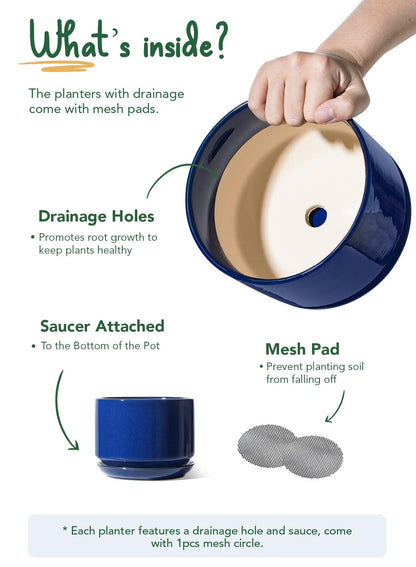LE TAUCI Ceramic Plant Pots, 4.3+5.3+6.8 inch, Set of 3, Planters with Drainage Hole and Saucer, Indoor Flower Pot with Hole Mesh Pad, Gifts for Mom, Sapphire Blue