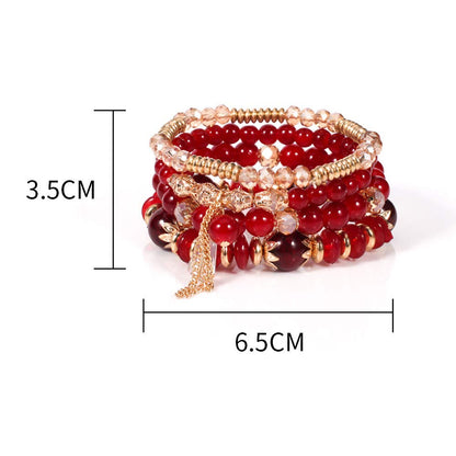 LOTSOF Bohemian Green Jade Stackable Bracelet Set - 4-Layer Stretch Beaded Bracelets with Gold Accents, Boho Jewelry for Women, Fashion Statement Accessory (Gift Ready) (Red)