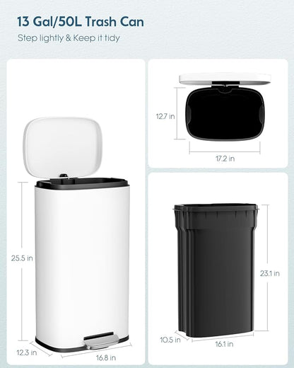 Arlopu13.2 Gallon Step Trash Can, Stainless Steel Garbage Bin, Soft-Close Rubbish Bin with Removable Plastic Inner Bucket, Fingerprint-Proof, Lid Dustbin, Suit for Kitchen Home (White, 50L)